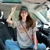 Camiseta Estilosa de Algodão Puro com Manga Curta e Renda Pespontada para Mulheres Estilo Coreano Color Block Listrada Solta que Cobre a Barriga