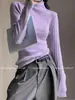 Top Base de Tricô Azul Gola Meia-Alta Estilo Coreano para Mulheres, Outono/Inverno, Slim Fit, Elegante, Roupa Íntima, Suéter Macio e Fofo de Alta Qualidade