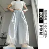 Pantalones de linterna rosa de seda de hielo con bordes calados, nuevo modelo 2026 para mujer, pantalones casuales de verano finos de cintura alta adelgazantes con efecto de caída y diseño de patchwork