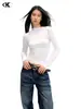 Camiseta Básica de Manga Larga de Color Sólido con Cuello Redondo Estilo Americano 11Kn para Mujer, Top Versátil de Corte Ajustado que Ceñe la Cintura