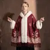 Capa de Invierno para Mujer con Forro de Lana, Engrosada, Cuello Grande de Piel, Capa con Capucha Roja de Copos de Nieve para Año Nuevo