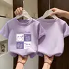 Camiseta de Manga Corta 100% Algodón para Niños, Tops Estampados Finos de Verano para Niñas, Estilo Coreano Holgado, Camiseta Básica Cómoda y Versátil