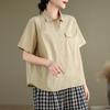 Camisa feminina de manga curta original de verão 2024, nova, artística, de cor sólida, plissada, com botões simples, para combinar com tudo