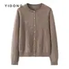 Suéter de cachemira cepillada de tejido liso calibre 12, ajuste holgado informal, cuello redondo, botones de concha, tejido cálido, cárdigan para mujer