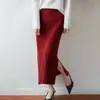 Falda de punto de lana pura para mujer con aberturas laterales, nuevo estilo otoño e invierno, cintura alta elástica, adelgazante, falda bodycon de línea recta