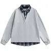 Camisa retro de duas peças estilo japonês para homens, outono, manga longa, xadrez, retalhos, solta, casual, versátil, peça externa, top
