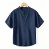 Camisa de Lino de Manga Corta para Hombre Nueva de Verano 2026, Holgada Casual con Cuello Mao, Top Transpirable de Color Sólido Algodón-Lino