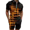 Comercio Transfronterizo Moda Tallas Grandes Cremallera Malla Camisa Polo Traje Impresión Digital 3D Ajustado Conjunto de Dos Piezas para Hombre