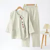 Novos Pijamas Femininos Chineses de Algodão Puro Bordados Fio de Algodão Tingido na Massa Mangas de Nove Pontos Primavera Outono Inverno Gola Redonda Roupas de Casa Podem Ser Usadas ao Ar Livre