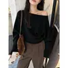 Suéter tejido negro de un hombro descubierto para mujer, adecuado para primavera, otoño e invierno, de corte holgado, manga larga, con un estilo casual y relajado