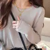 Camisa base blanca para mujer, primavera y otoño, estilo Chanel pequeño, nuevo top de manga larga con cuello redondo 2025, suéter de otoño e invierno, tejido de punto