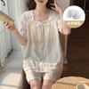 Pijamas estilo princesa para mujer, algodón nube de verano de manga corta con shorts y almohadillas en el pecho, casual y dulce, se pueden usar fuera como ropa de casa