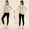 Conjunto deportivo de dos piezas de malla patchwork de ajuste holgado transfronterizo para mujer, cuello redondo, transpirable, adelgazante, para yoga y fitness, manga corta
