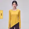 Top de yoga para entrenamiento y fitness, manga larga, cuello redondo, con abertura lateral, dobladillo asimétrico, agujero para el pulgar, elástico, corte ajustado