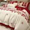 Traje de Casamento Chinês de Luxo Grande Vermelho Quatro Peças Senso de Luxo Roupa de Cama para Acompanhar Quarto de Casamento Lençol de Cama Capa de Colcha Roupa de Cama