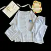 Conjunto de Pijama de Tres Piezas de Algodón Nube para Mujer, Verano Manga Corta Shorts Pantalones Largos Dibujos Animados Estudiante Ropa de Casa Conjunto, Estilo Portátil