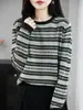 Suéter de Lana de Punto Fino Vintage Nuevo Otoño 2026 Cuello Redondo Hombros Caídos Mangas Largas para Mujer, Top Base Rayado de Colores
