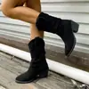 Botas de Tacón Grueso Marrón Retro con Corte en V hasta Media Pantorrilla para Mujer, Botas Vaqueras de Punta Aguda Otoño/Invierno 2026, Transfronterizas