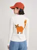 Top fruncido con estampado juvenil de gato naranja, elegante camisa básica blanca de corte ajustado, elegante camiseta adelgazante de cuello semi-alto para mujer