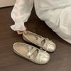 Zapatos de Ballet Francés para Mujer, Dulce Moño Color Champaña Zapatos Pequeños de Piel, Punta Redonda Mary Janes, Sandalias para Mujer