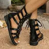 Sandalias romanas de caña alta con cordones estilo europeo y americano para mujer, sandalias planas antideslizantes huecas, zapatos de punta abierta para vacaciones en la playa