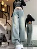 Jeans Retro de Tiro Alto de Pierna Ancha para Mujer en Primavera y Otoño Azul Claro Caídos Talla Grande Sueltos Rectos Ajustados Pantalones de Longitud Completa