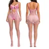 Lencería de estilo europeo y americano de Amazon, con estampados florales, un body de malla de una sola pieza con tirantes, un diseño recortado, un estilo sexy de entrepierna abierta y un body transparente