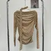 Camiseta Tie-Dye com Bolinhas de Manga Longa Vintage Ruoxin para Mulheres, Novo Estilo Coreano de Início de Outono, Gola Elegante tipo Swing, Cintura Marcada, Blusa de Renda Emagrecedora