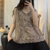 2023 Primavera e Verão Novo Vintage Old Fried Color Algodão Bordado Water Ripple Crewneck Pullover Solto Renda Colete para Mulheres