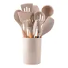 Balde de Armazenamento Popular Branco Cáqui com Alça de Madeira Conjunto de Utensílios de Cozinha de Silicone com 12 Peças Conjunto de Utensílios de Cozinha Conjunto de Cozinha
