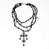Collar de Cruz Negro con Perlas Estilo Gótico, Multicapa, Para Usar en Capas, Cadena para Suéter de Primavera y Verano para Mujer, Cadena de Clavícula de Nicho de Gama Alta