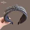 Diadema ancha de tweed gris de alta calidad con nudo de purpurina fina para mujer, nuevo accesorio para el cabello de otoño invierno, prensa de lujo ligero para el cabello, diadema antideslizante