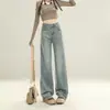 Jeans feminino estilo retrô americano, cintura alta, caimento justo, perna larga, novo estilo 2026, caimento solto, modelador, versátil e com design reto desgastado