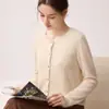 Cardigã de cashmere 100% puro em estilo simples para mulheres, casaco suéter de tricô com gola redonda, cardigã de tricô versátil de abotoamento simples