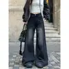 Calça Jeans Preta Estilo Retrô Americano para Mulheres, Primavera e Outono, Tamanho Grande, Cintura Alta, Modelagem Solta, Calça Reta de Perna Larga Emagrecedora