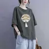 Blusa Feminina Moda Mãe Estilo Chinês Novo Transfronteiriça Manga Curta Solta Plus Size para Mulheres de Meia-Idade, Escondendo a Barriga, Camiseta de Manga Meia-Manga Emagrecedora