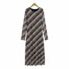 Vestido Longo de Renda de Seda Xadrez Vintage Feminino 2025 Novo Elegante Alta Qualidade Spice Girl Gola Redonda Slim Fit Vestido de Quadril