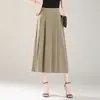 Saia Caqui Feminina Verão 2025 Cintura Elástica Traseira Fina Saia de Comprimento Médio Cintura Alta Saia Plissada Saia de Caimento Amplo Grande