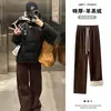 Calças Marrons de Lã com Forro Largo para Mulheres, Outono e Inverno Cintura Alta Reta Chenille Lã de Cordeiro Engrossado Quente Algodão