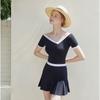 Traje de Baño Simple Nuevo de Una Pieza con Falda para Mujer, Parcheado Blanco y Negro, Falda Conservadora Cubre Carne para Vacaciones de Playa, Traje de Baño para Aguas Termales