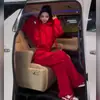 Traje Deportivo Casual Navideño para Mujer Estilo Otoño e Invierno 2025 Conjunto de Dos Piezas Sudadera con Capucha y Cremallera Roja Pantalones de Pierna Ancha