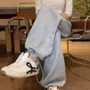 Calça de Moletom Cinza Feminina para Outono, Cintura Alta, Calça Reta Fluida de Perna Larga, Estilo Americano Petite Casual, Calça de Moletom Forrada com Fleece para Outono/Inverno