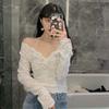 Camisa de encaje con cuello en V para mujer, nueva camisa fina de encaje hueco sexy de primavera y otoño, elegante blusa interior de manga larga