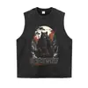 Camiseta vintage desgastada, estilo guerrero monstruo japonés, manga corta oversized lavado pesado, en stock transfronterizo