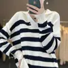 Estilo Nuevo Primavera y Verano Lana de Hilo Fino Azul Marino Solapa Rayas Tejido Punto Casual Holgado Camiseta Base Versátil Manga Larga Ropa para Mujer