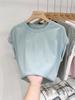 Playera de Manga Corta Antirreflejante para Mujer 2024 Verano Nueva Cuello Redondo Hombro Color Sólido Combinable Holgada Top de Manguita Vuelo Pequeña