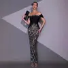 Vestido Largo de Malla Transparente a Cuadros con Lentejuelas y Pedrería Brillante Vestido de Noche con Hombros Descubiertos y Vendaje para Mujer