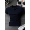 Camisa Henry estilo americano, camisa de manga corta ajustada para hombre, cuello redondo, casual para fitness, secado rápido, color liso, elástica, camiseta básica ajustada, camiseta