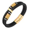 Pulsera vikinga nórdica al por mayor, acero inoxidable, oro, doble tira de cuero tejido, pulsera de cuero multicapa, joyería