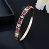 Pulsera de Trébol de Cuatro Hojas con Forma de Huevo de Rubí Estilo Lujo Ligero Transfronterizo Europeo y Americano para Mujer, Pulsera Abierta de Circonita de Alta Gama al por Mayor